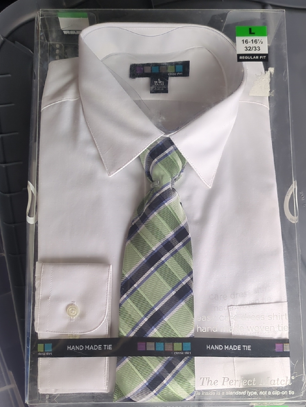 16.5 Classic LG White Men's Dress Shirt with Green Plaid  Pattern Tie New In Box